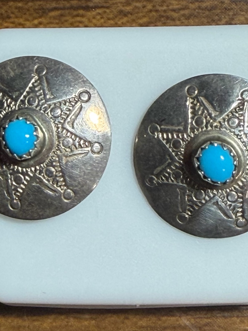 Vintage Nel J Navajo Sterling Silver Turquoise Sunburst Stud Earrings .75” - Picture 3 of 5
